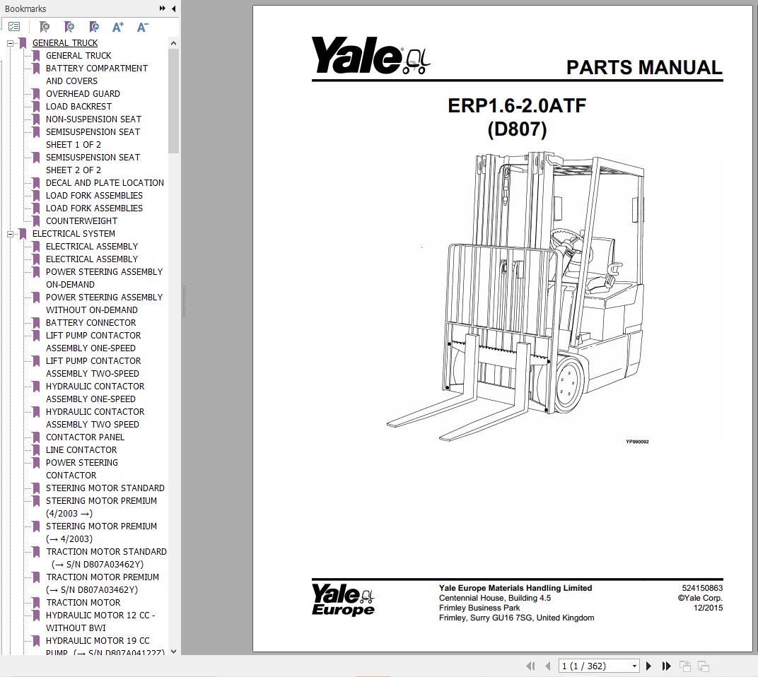 Yale Forklift ERP1.6ATF ERP1.8ATF ERP2.0ATF (D807) Parts Manual (2)