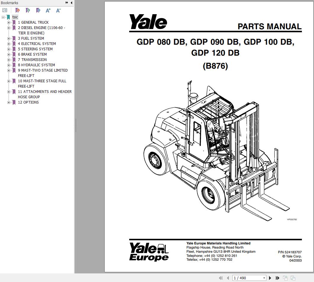 Yale Forklift GDP080DB to GDP120DB (B876) Parts Manual (2)