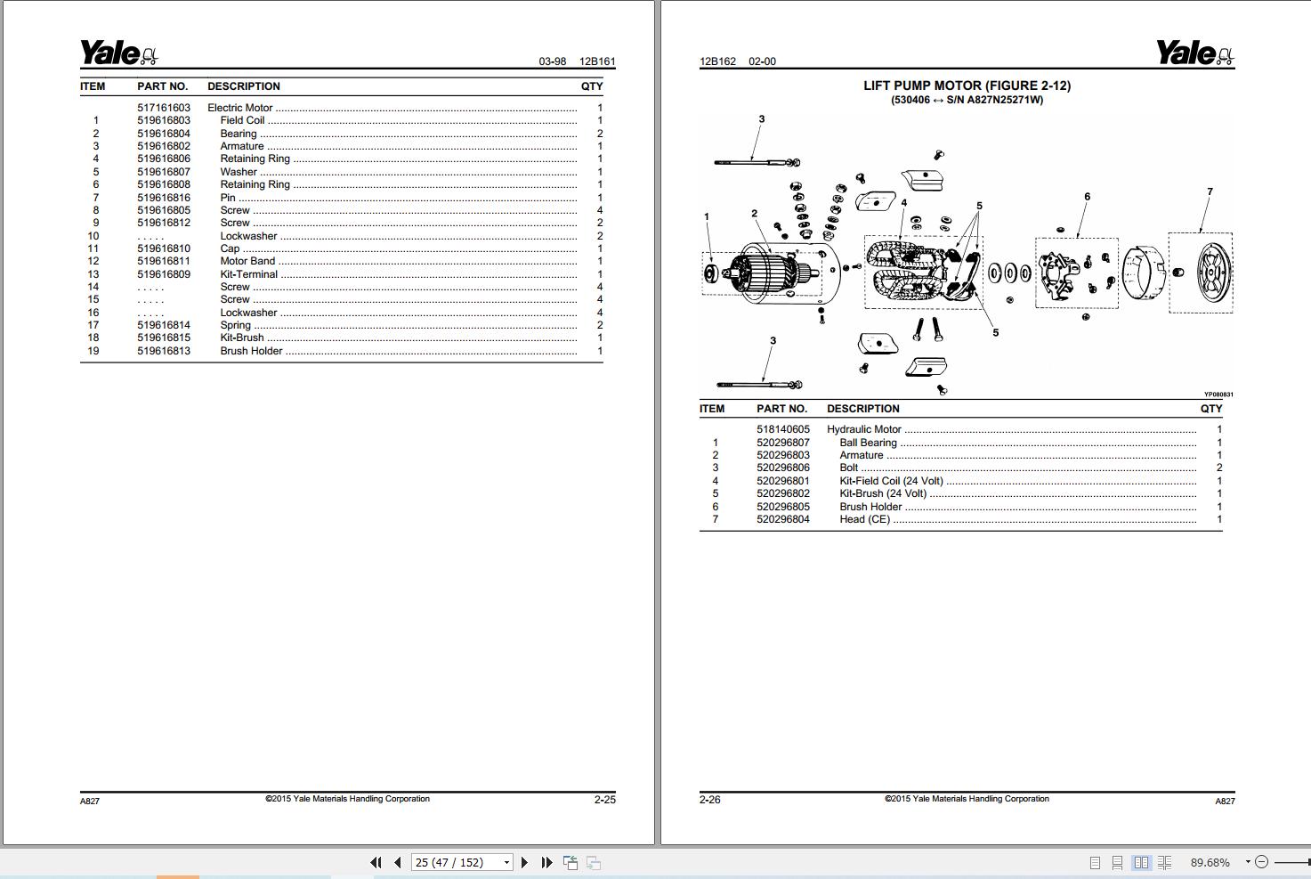 Yale Forklift MPB040AC 4000 LB. CAPACITY (A827) Parts Manual (2)