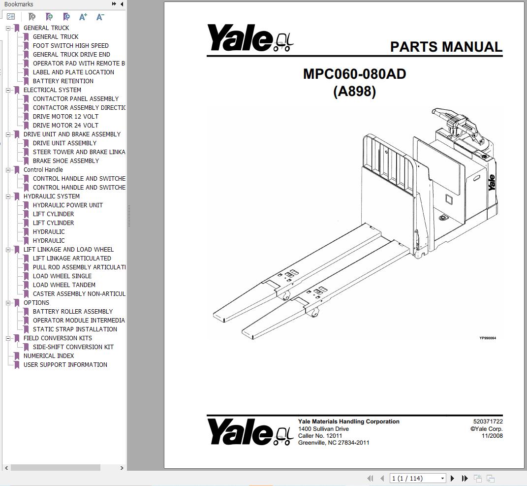 Yale Forklift MPC060AD MPC080AD (A898) Parts Manual (1)