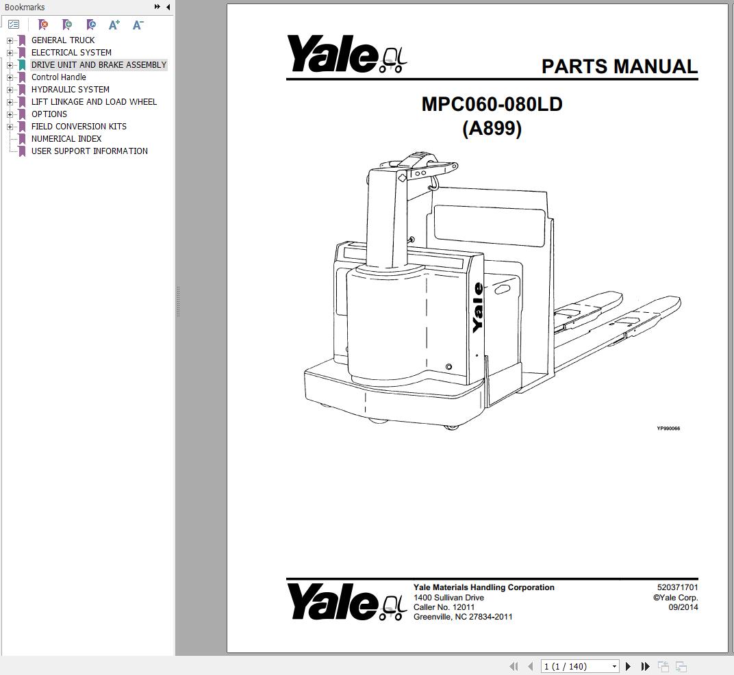 Yale Forklift MPC060LD MPC080LD (A899) Parts Manual (1)