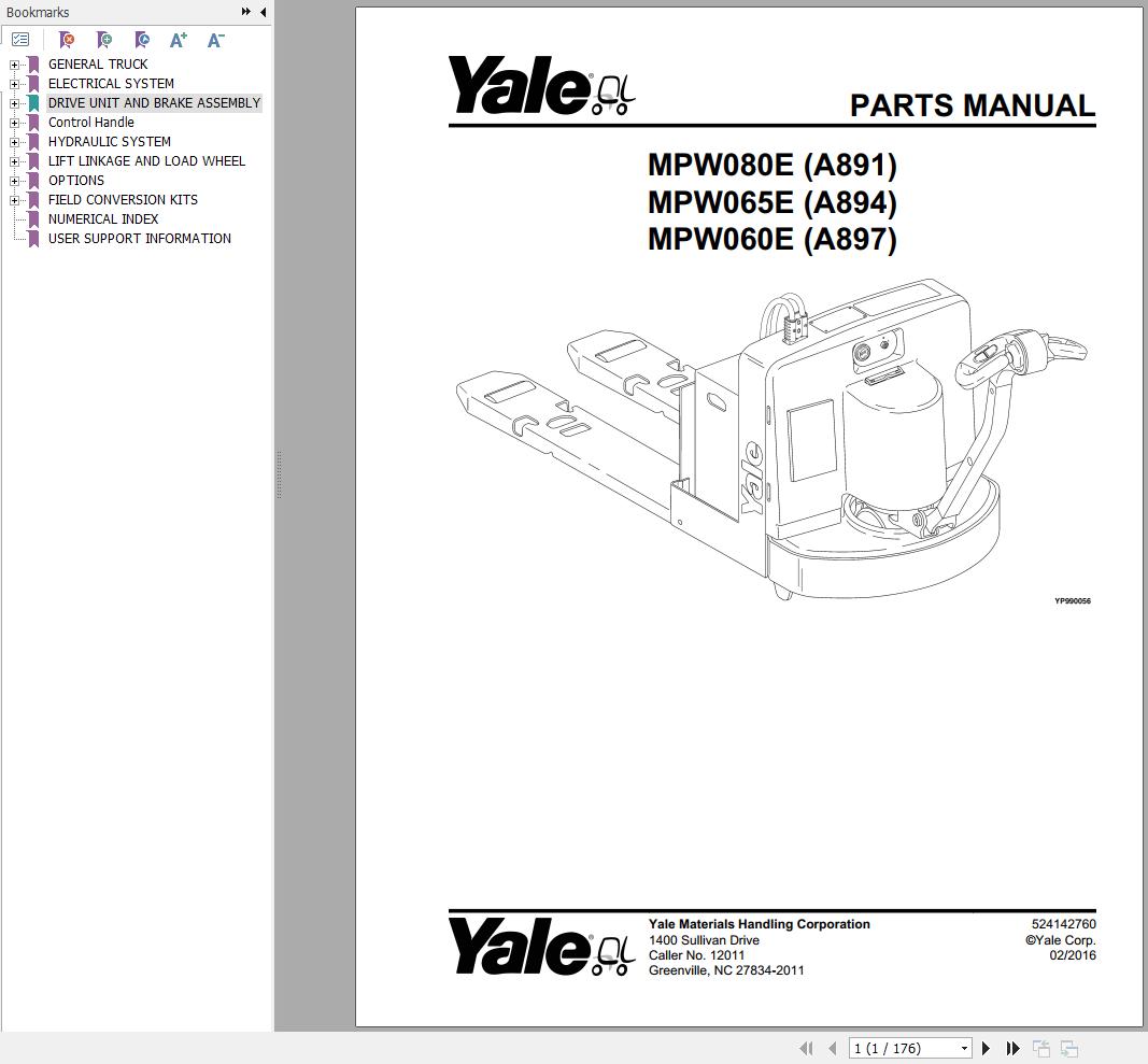 Yale Forklift MPW080E (A891) MPW065E (A894) MPW060E (A897) Parts Manual (1)
