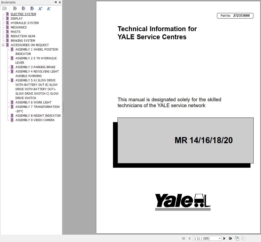 Yale Forklift MR14 MR16 MR18 MR20 (B849) Service Manual 272353600 (1)