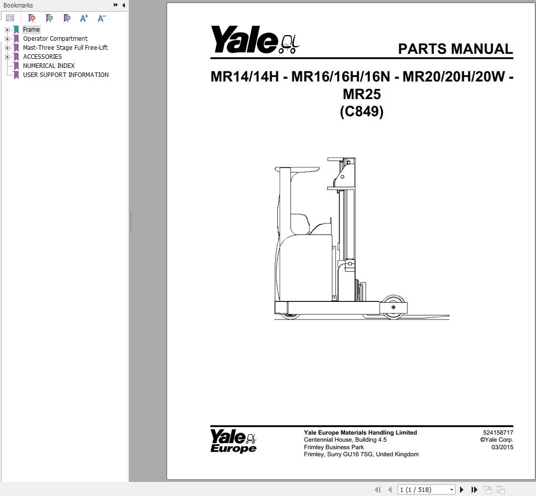 Yale Forklift MR14 to MR20W (C849) Parts Manual (1)