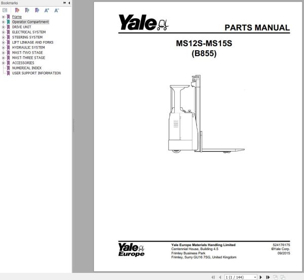Yale Forklift Ms12S Ms15S (B855) Parts Manual (1)