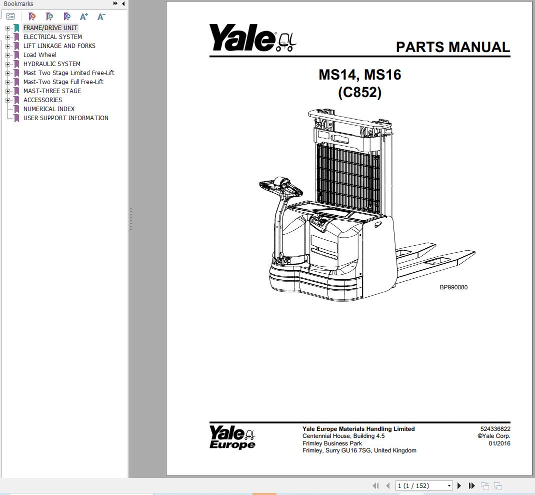 Yale Forklift MS14 MS16 (C852) Parts Manual (1)