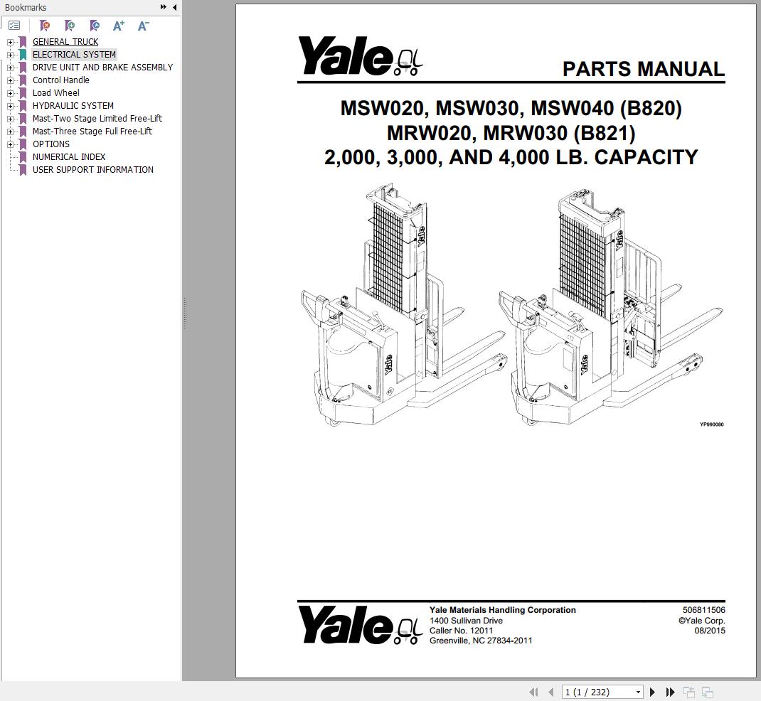 Yale Forklift MSW020 MSW030 MSW040 (B820) MRW020 MRW030 (B821) Parts Manual (1)