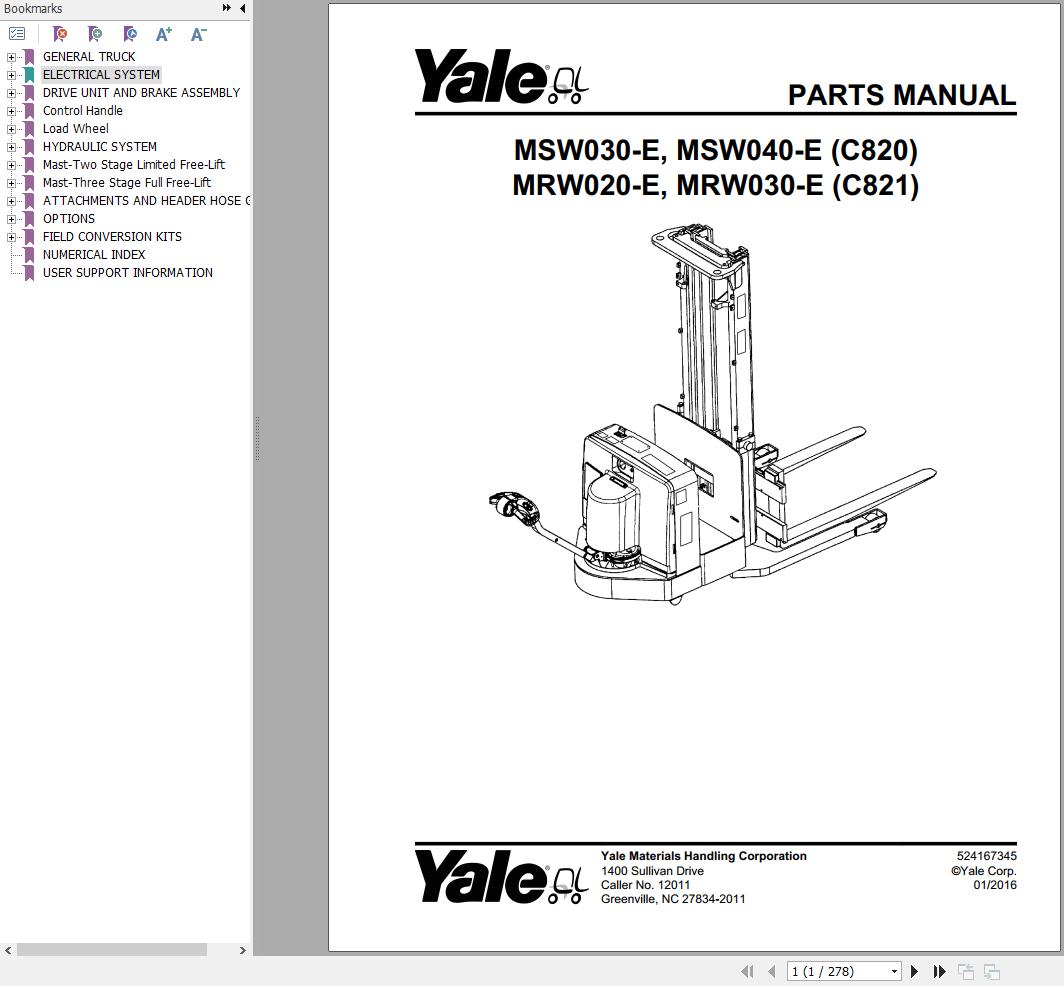Yale Forklift MSW030 E MSW040 E (C820) MRW020 E MRW030 E (C821) Parts Manual (1)