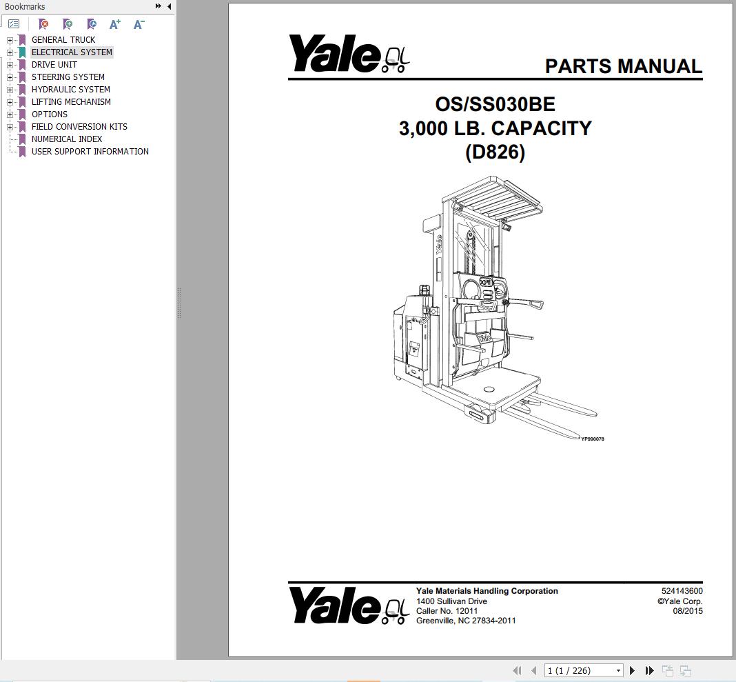 Yale Forklift OS030BE SS030BE 3 000 LB. CAPACITY (D826) Parts Manual (1)