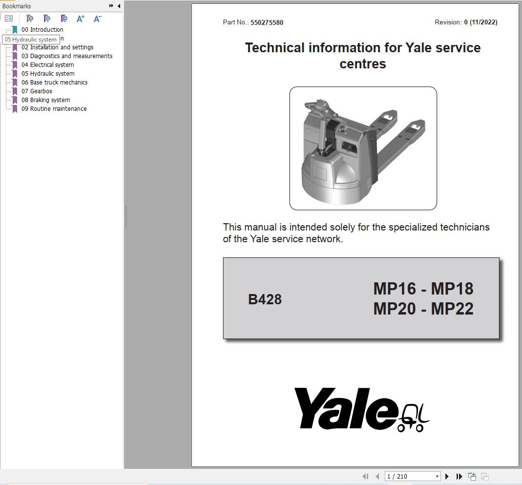 Yale Pallet Trucks MP16 MP18 MP20 MP22 (B428) Service Manual 550275580 (1)