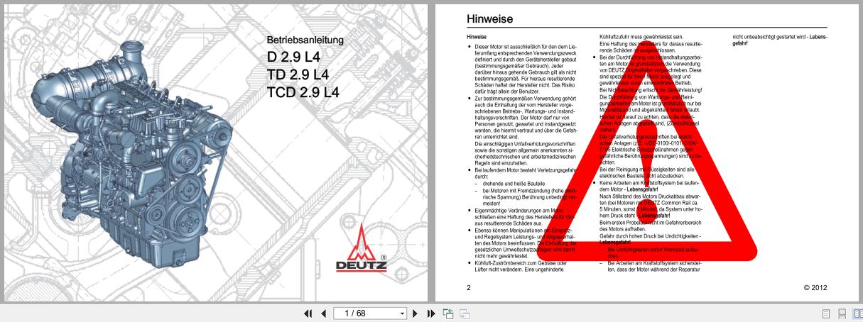 Deutz Engine D2.9L4 TD2.9L4 TCD2.9L4 Operation Manual 03123892de 2012 DE (1)