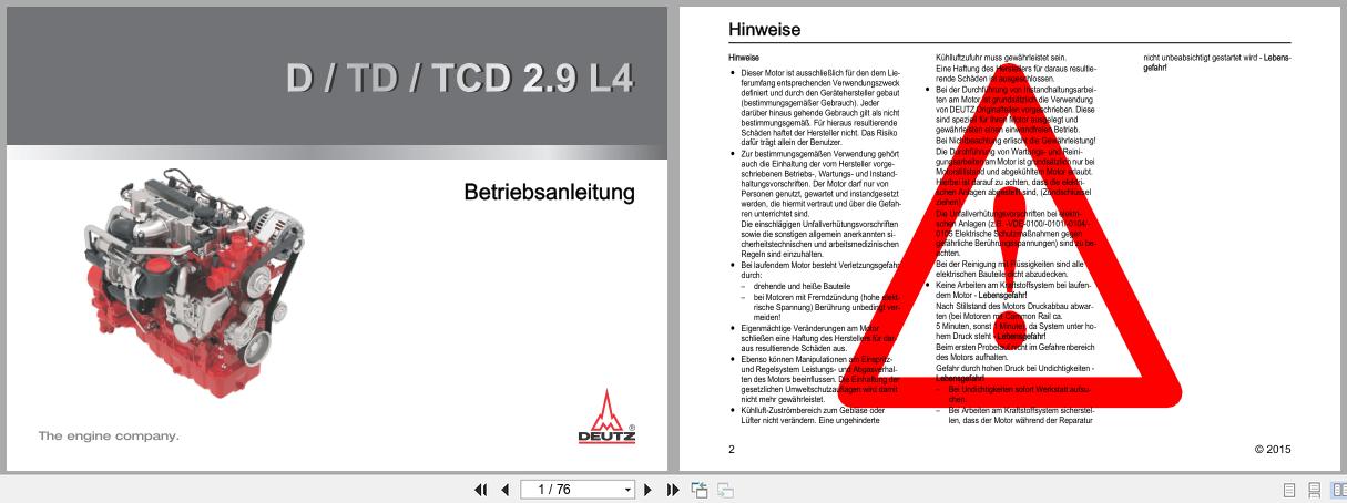 Deutz Engine D2.9L4 TD2.9L4 TCD2.9L4 Operation Manual 03124692de 2015 DE (1)