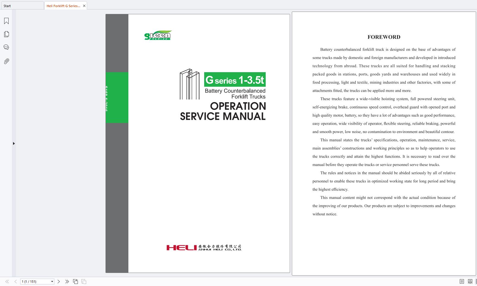 Heli Forklift G Series 1 3.5t CPD10 CPD35 Operation Service Manual S168 6 2016 1