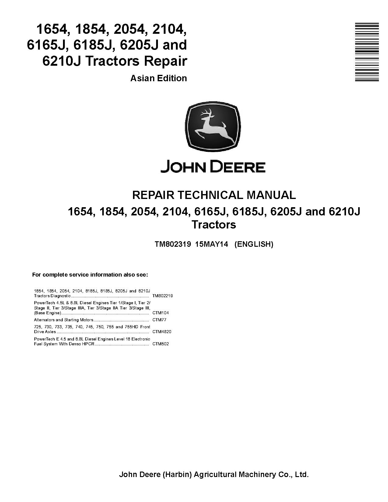 John Deere 1654 1854 2054 2104 China 6165J 6185J 6205J 6210J Asia Tractors Repair Manual TM802319 (1)