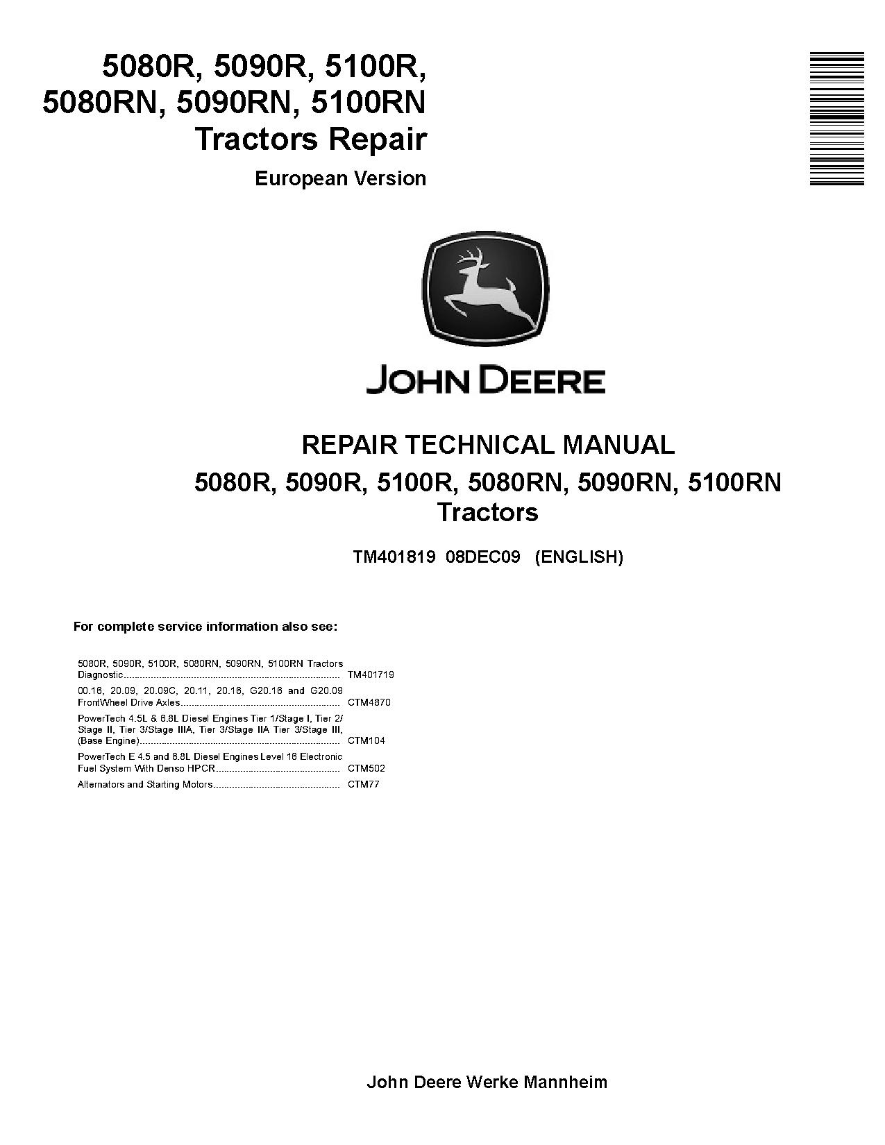 John Deere 5080R 5080RN 5090R 5090RN 5100R 5100RN Tractors European Repair Manual TM401819 (1)