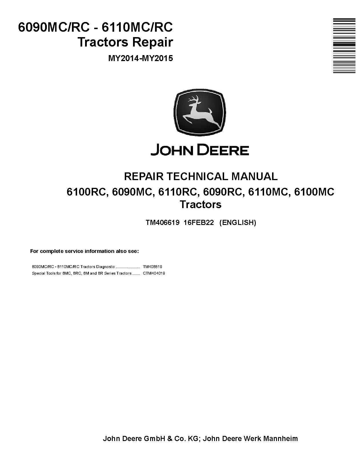 John Deere 6090MC 6090RC 6100MC 6100RC 6110MC 6110RC Tractors Repair Manual TM406619 (1)