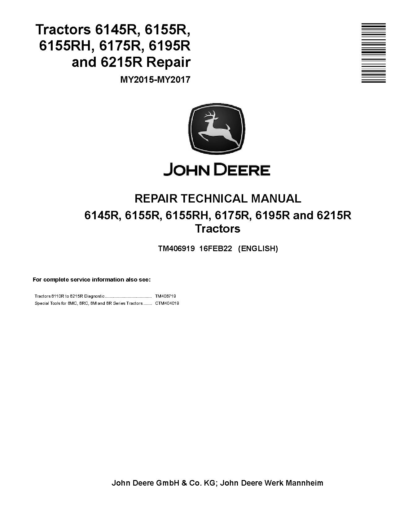 John Deere 6145R 6155R 6155RH 6175R 6195R 6215R Tractors Repair Manual TM406919 (1)