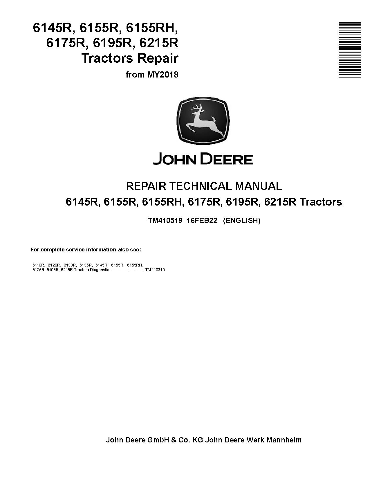 John Deere 6145R 6155R 6155RH 6175R 6195R 6215R Tractors Repair Manual TM410519 (1)