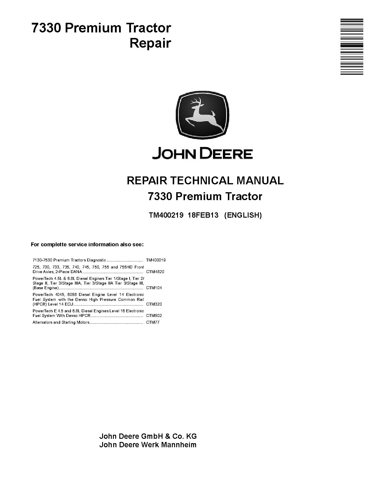 John Deere 7330 Premium Tractors North America Repair Manual TM400219 (1)