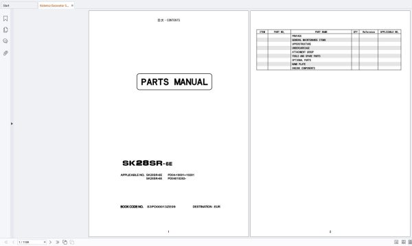 Kobelco Excavator SK28SR 6E Parts Manual S3PD00013ZE09 (1)