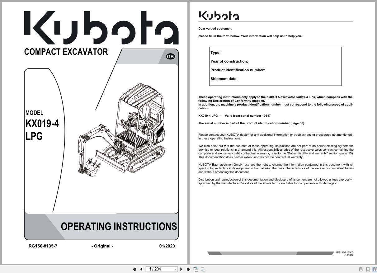 Kubota Compact Excavator KX019 4 LPG Operating Instruction RG156 8135 7 2023 (1)