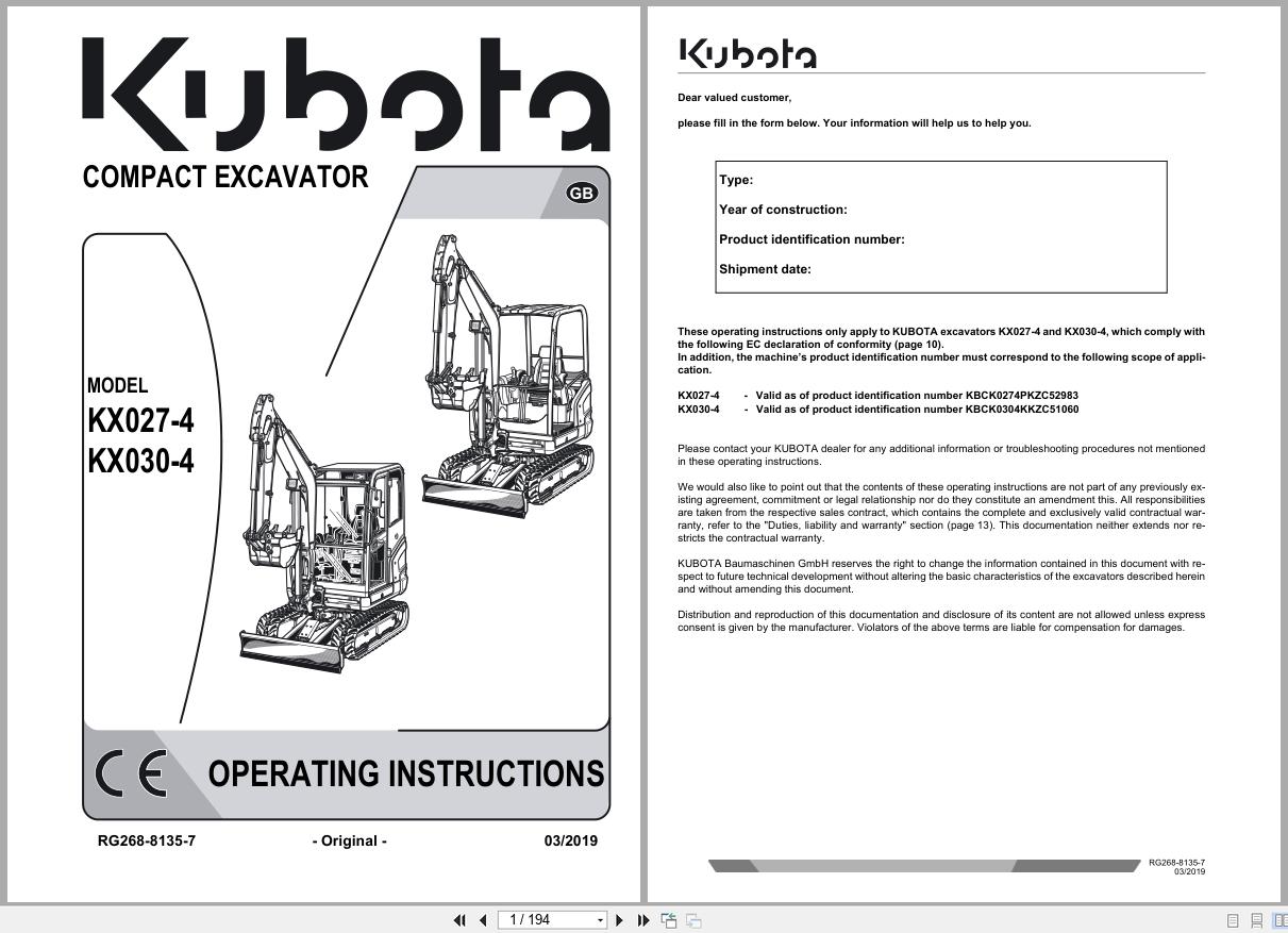 Kubota Compact Excavator KX027 4 KX030 4 Operating Instruction RG268 8135 7 2019 (1)