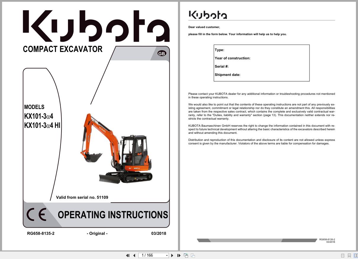 Kubota Compact Excavator KX101 3a4 KX101 3a4 HI Operation Instruction RG658 8135 2 (1)