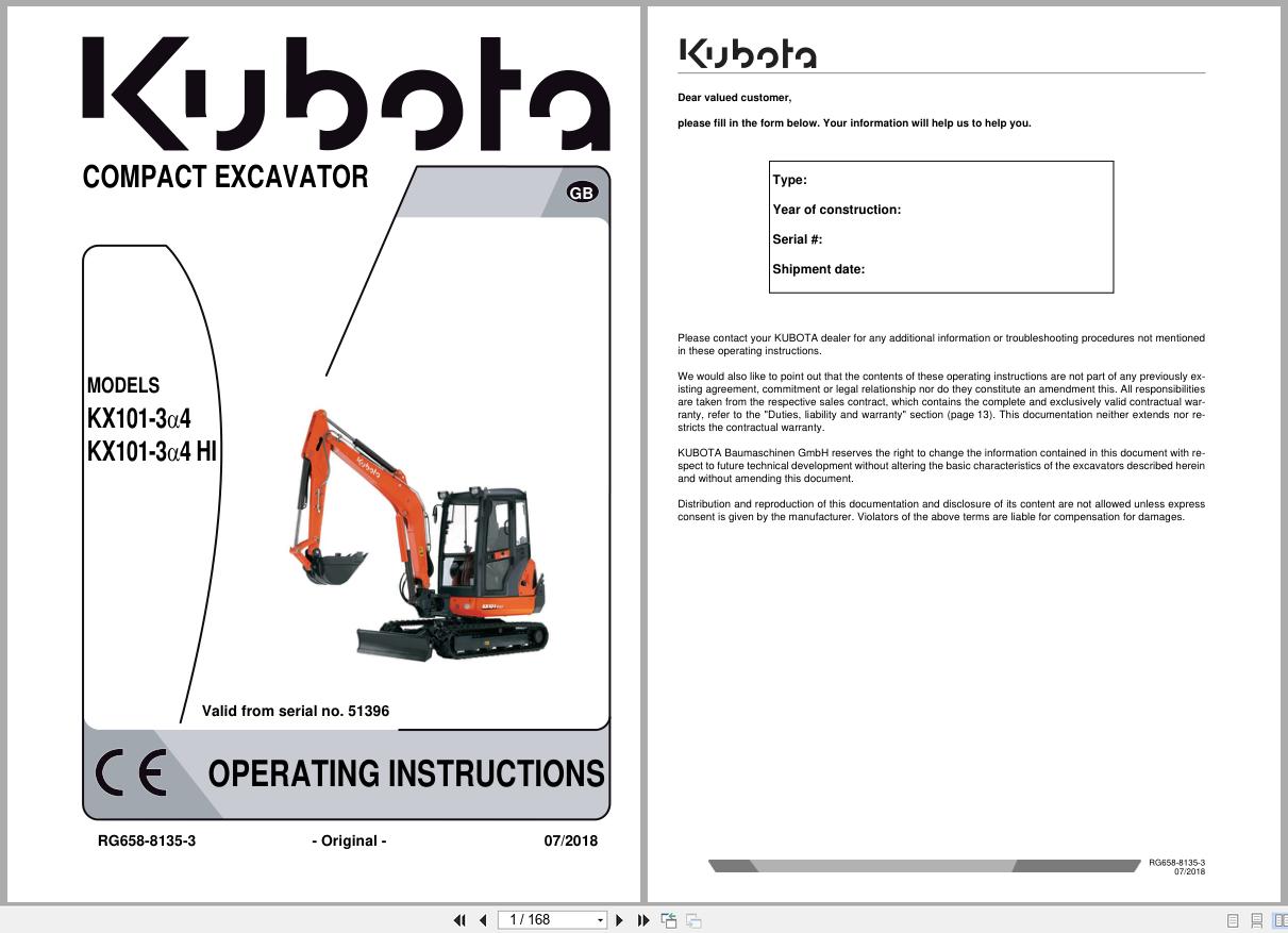 Kubota Compact Excavator KX101 3a4 KX101 3a4 HI Operation Instruction RG658 8135 3 (1)