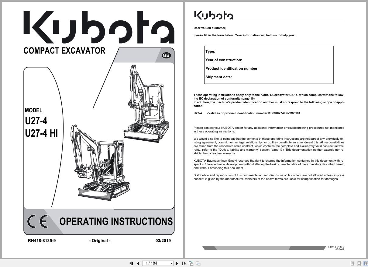 Kubota Compact Excavator U27 4 U27 4 HI Operating Instruction RH418 8135 9 2019 (1)