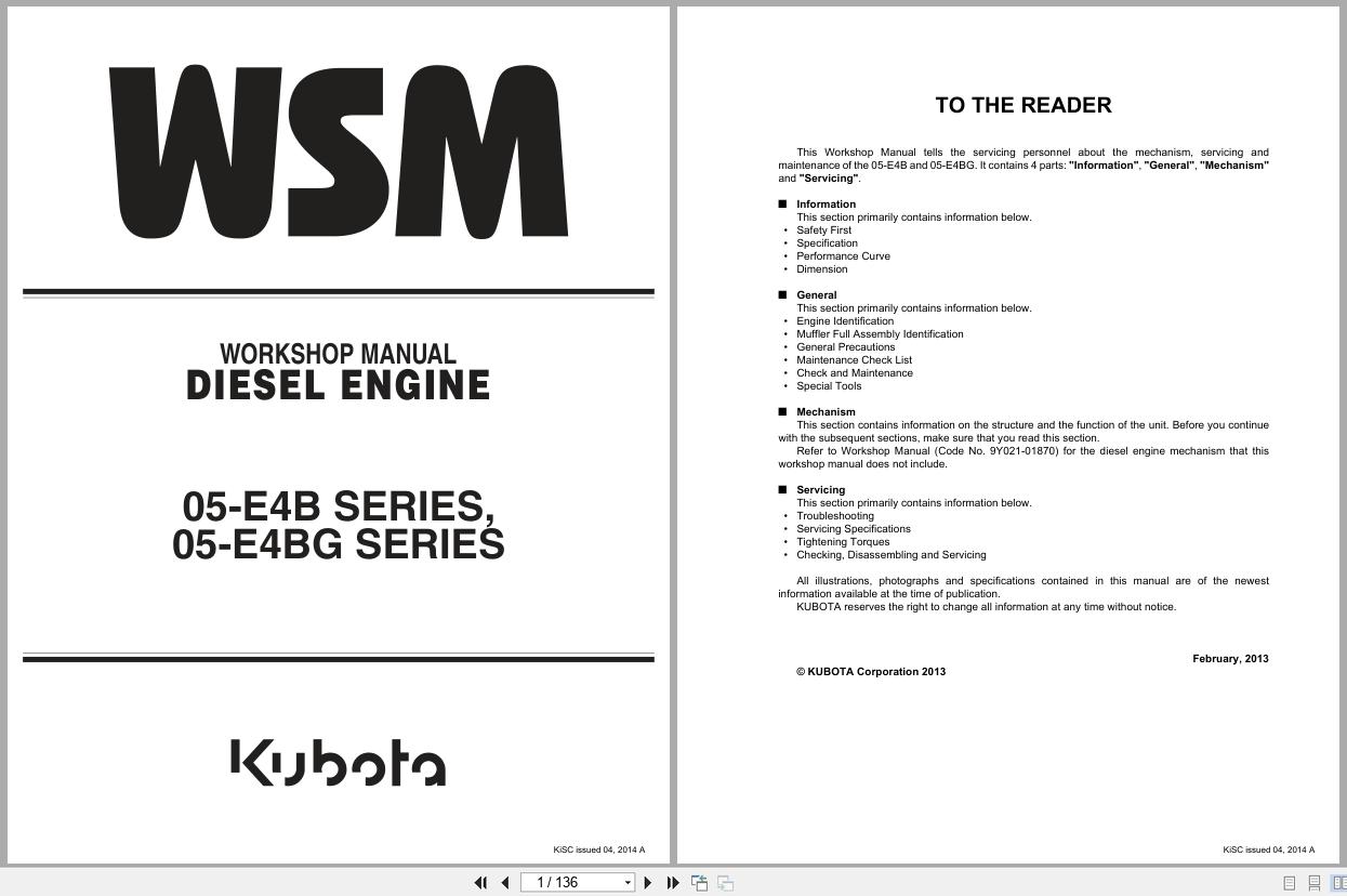 Kubota Diesel Engine D1005 E4B to V1505 E4BG Workshop Manual 9Y111 07841 2014 (1)