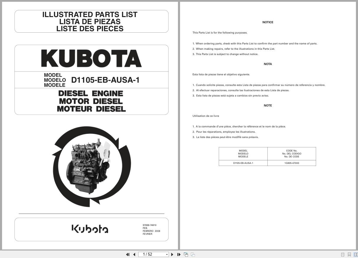 Kubota Diesel Engine D1105 EB AUSA 1 Illustrated Parts List 97898 74810 2008 FR EN ES (1)