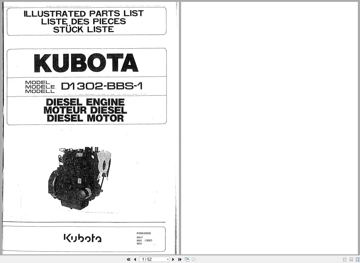 Kubota Diesel Engine D1302 BBS 1 Spare Parts List 97898 02030 1990 FR EN DE (1)