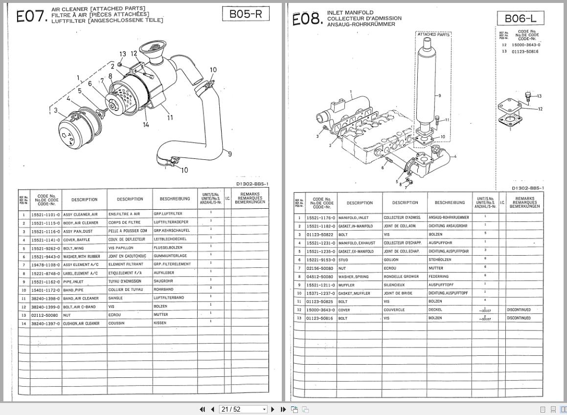 Kubota Diesel Engine D1302 BBS 1 Spare Parts List 97898 02030 1990 FR EN DE (2)