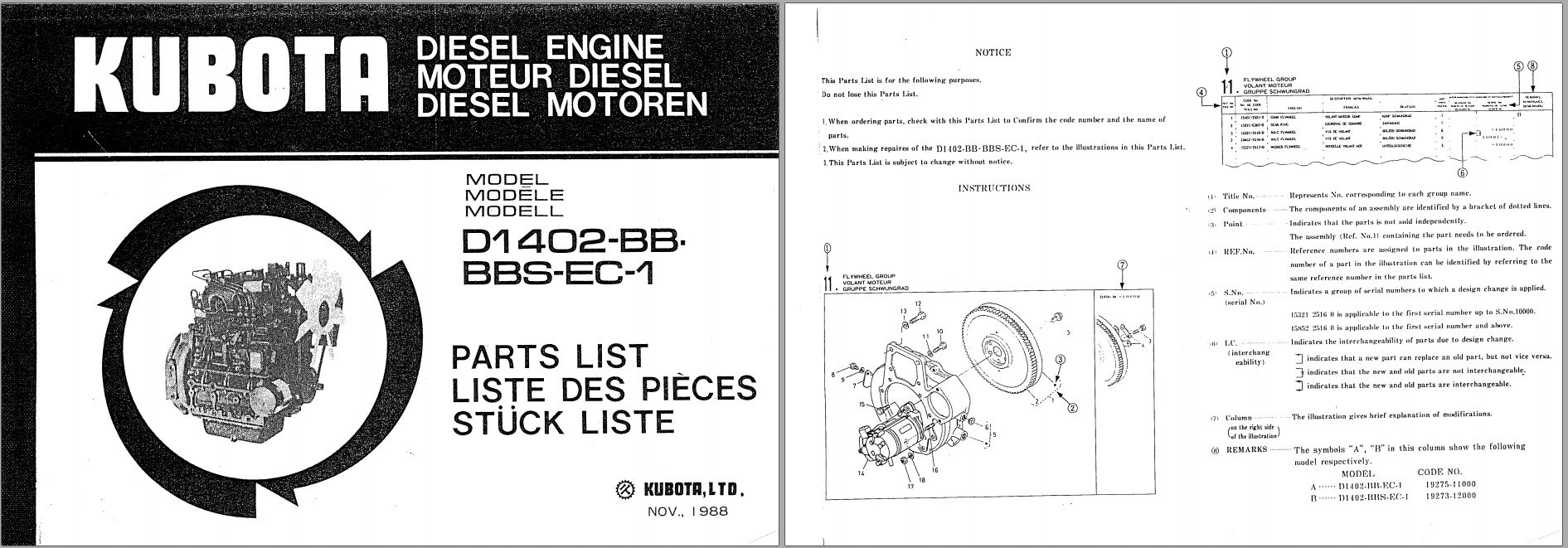 Kubota Diesel Engine D1402 BB BBS EC 1 Parts List 1988 FR EN DE (1)