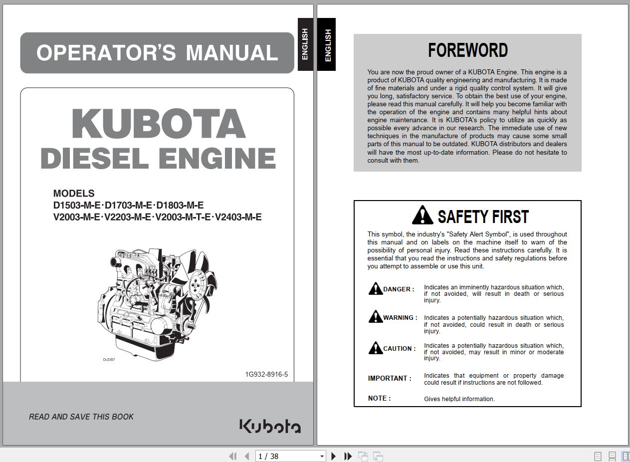 Kubota Diesel Engine D1503 M E to V2403 M E Operators Manual 1G932 8916 5 (1)
