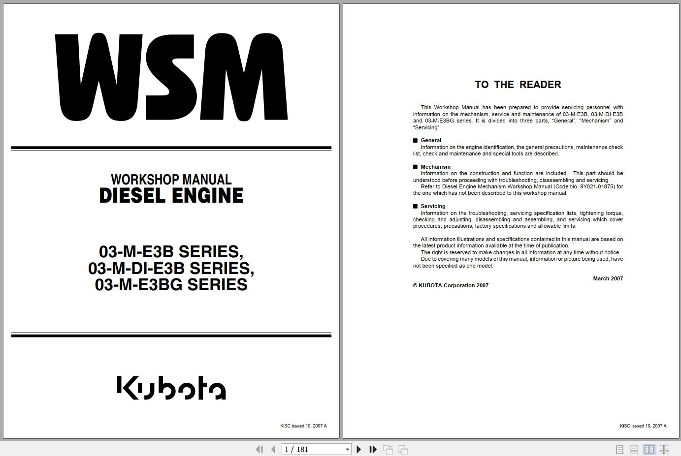 Kubota Diesel Engine D1503 M to V2203 M BG Service Manual 9Y111 00142 2007 (1)
