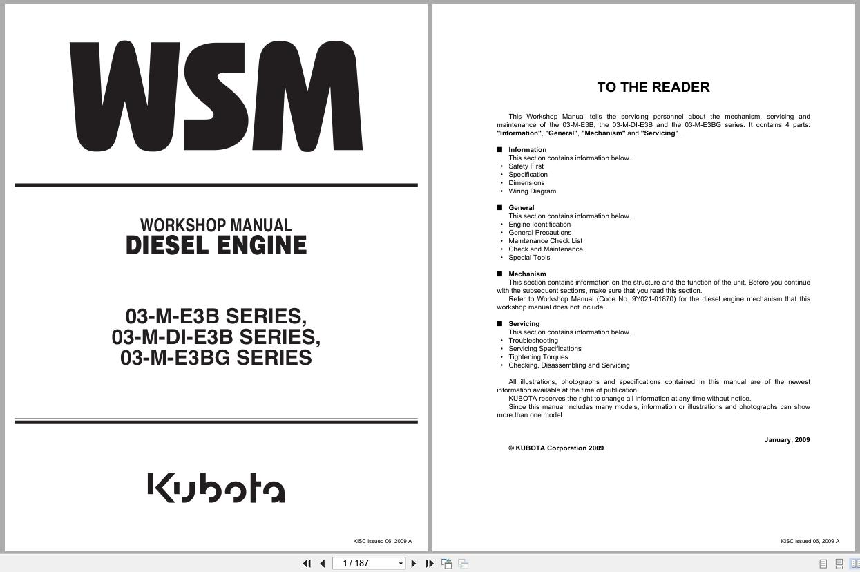 Kubota Diesel Engine D1503 M to V2403 M BG Workshop Manual 9Y111 02570 2009 (1)