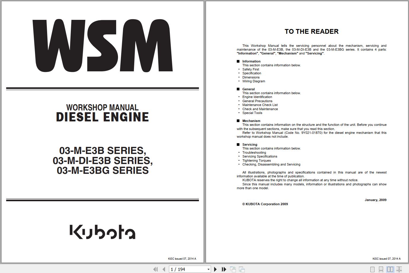 Kubota Diesel Engine D1503 M to V2403 M BG Workshop Manual 9Y111 02574 2014 (1)