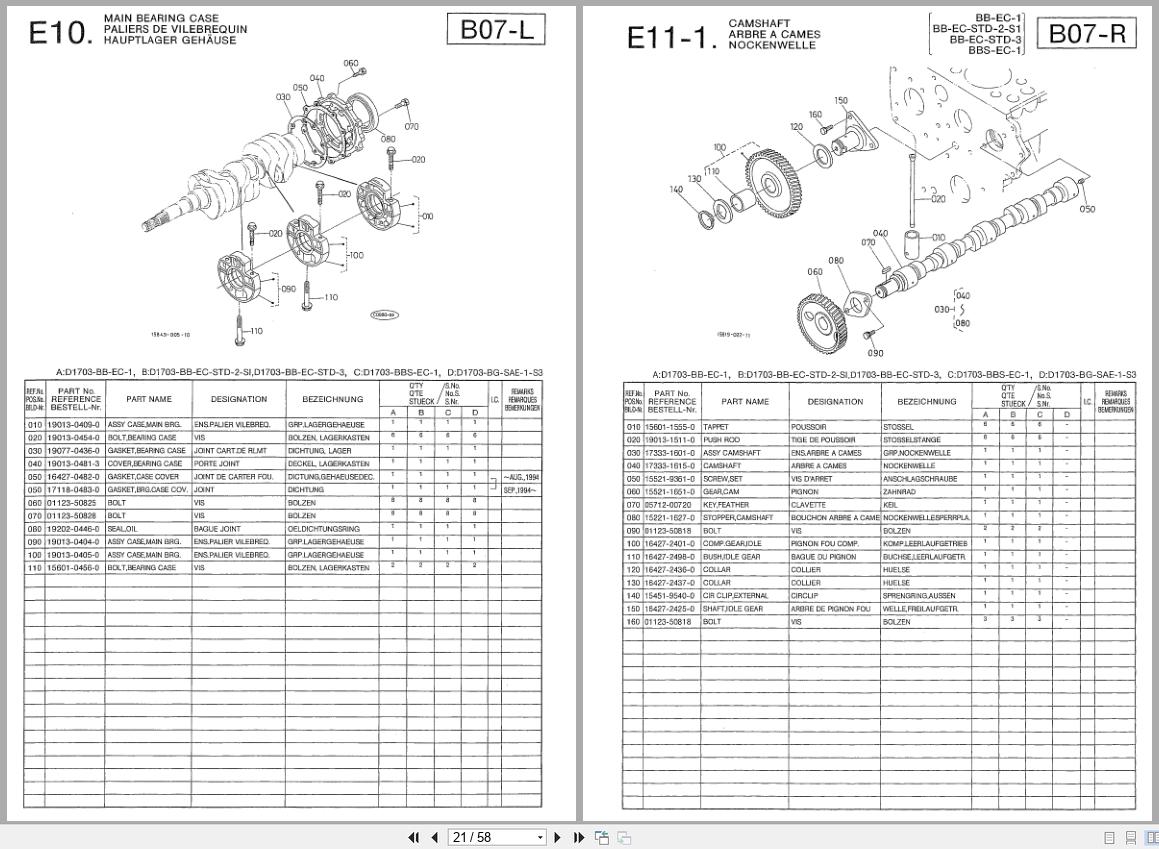Kubota Diesel Engine D1703 BB EC 1 Illustrated Parts List 97898 04010 2004 FR EN DE (2)
