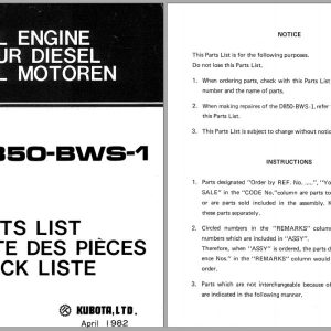 Kubota Diesel Engine D850 BWS 1 Spare Parts List 1982 FR EN DE (1)