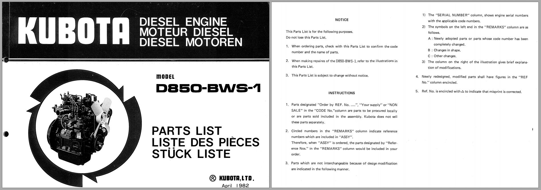 Kubota Diesel Engine D850 BWS 1 Spare Parts List 1982 FR EN DE (1)