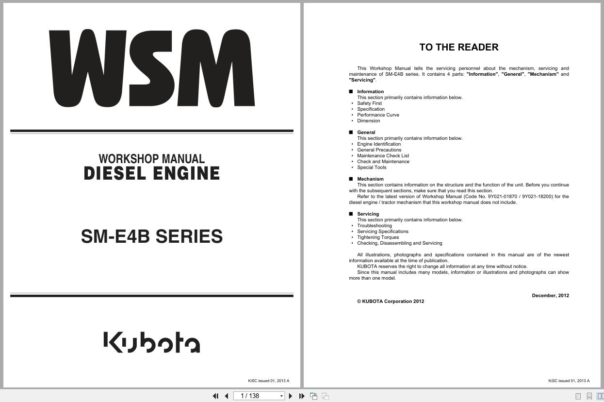 Kubota Diesel Engine SM E4B SERIES Workshop Manual 9Y111 07850 2013 (1)