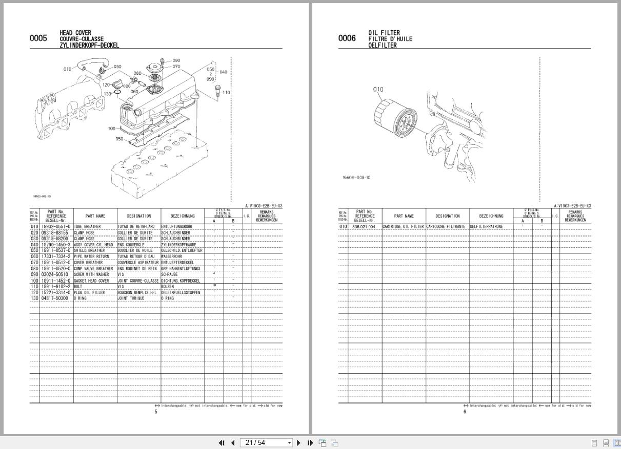 Kubota Diesel Engine V1903 E2B EU X3 Spare Parts List 2007 FR EN DE (2)
