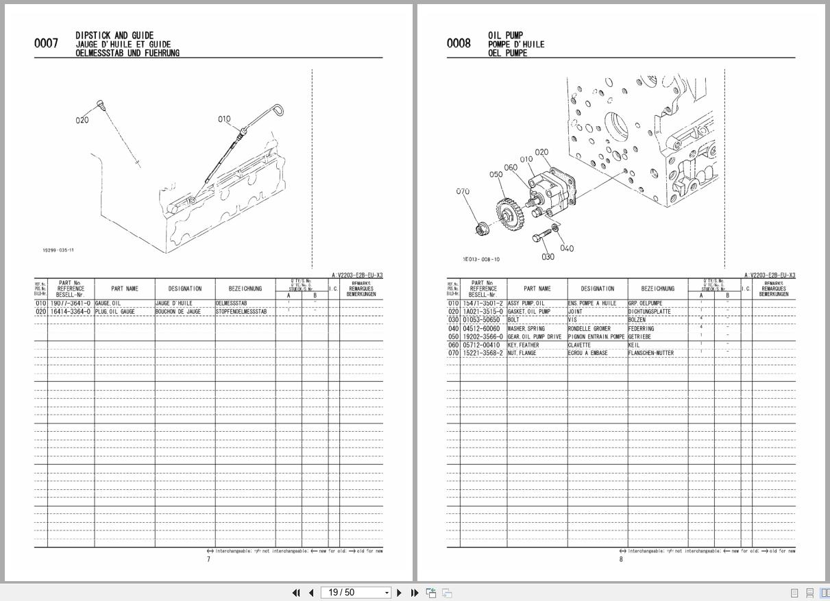 Kubota Diesel Engine V2203 E2B Spare Parts List 97898 61460 2006 FR EN DE (2)