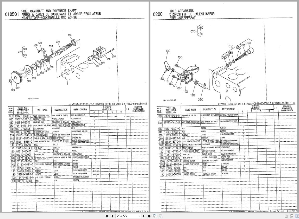 Kubota Diesel Engine V2203 EBB Spare Parts List 97898 04001 2004 FR EN DE (2)