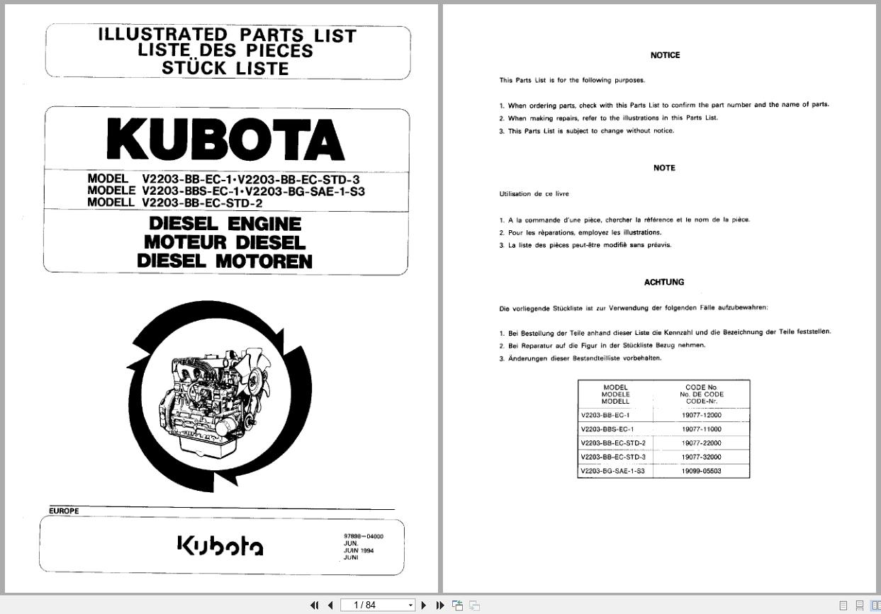 Kubota Diesel Engine V2203 Series Parts List 97898 04000 (1)