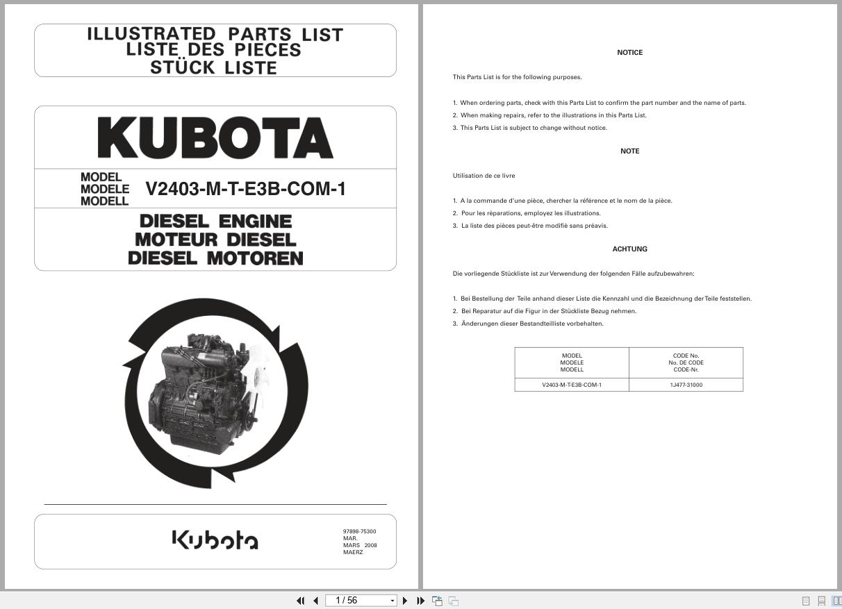 Kubota Diesel Engine V2403 M T E3B COM 1 Illustrated Parts List 97898 75300 2008 (1)