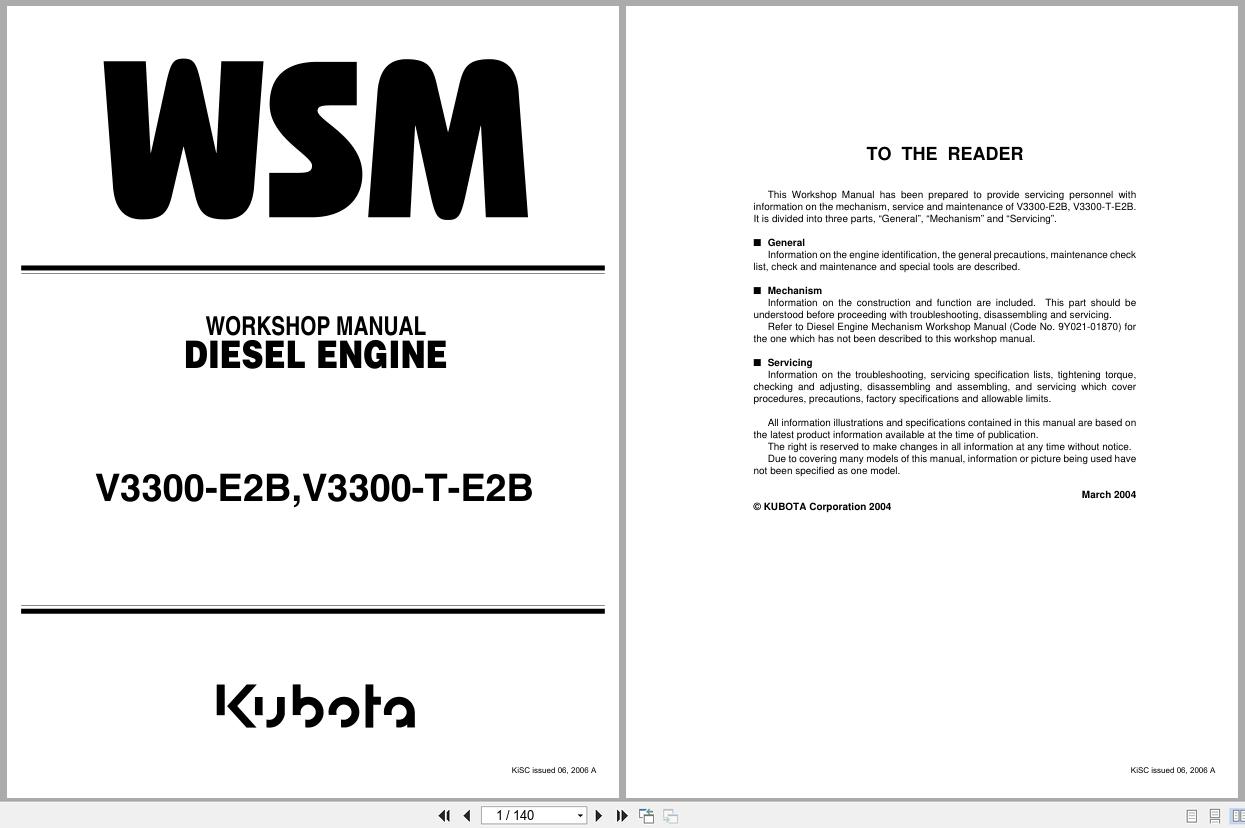 Kubota Diesel Engine V3300 E2B V3300 T E2B Workshop Manual 9Y011 02912 2006 (1)