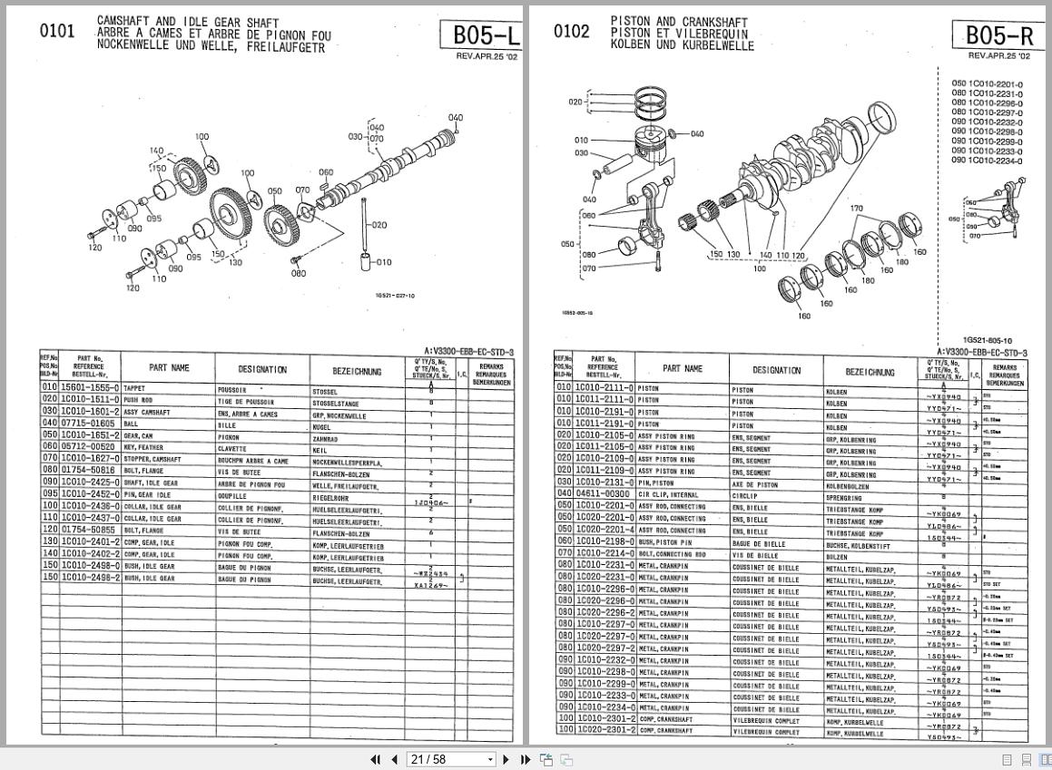 Kubota Diesel Engine V3300 EBB Spare Parts List 97898 06150 2004 FR EN DE (2)