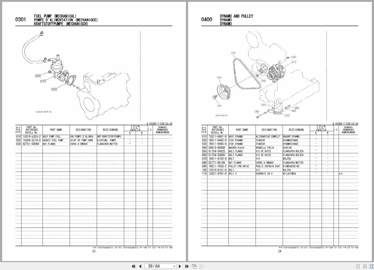 Kubota Diesel Engine V3300 T E2B Spare Parts List 2007 FR EN DE (2)